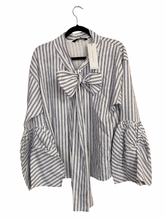 TOV Holy Tops - Striped Bow-Tie Bell Sleeve Blouse - White & Navy by TOV Coquette Preppy